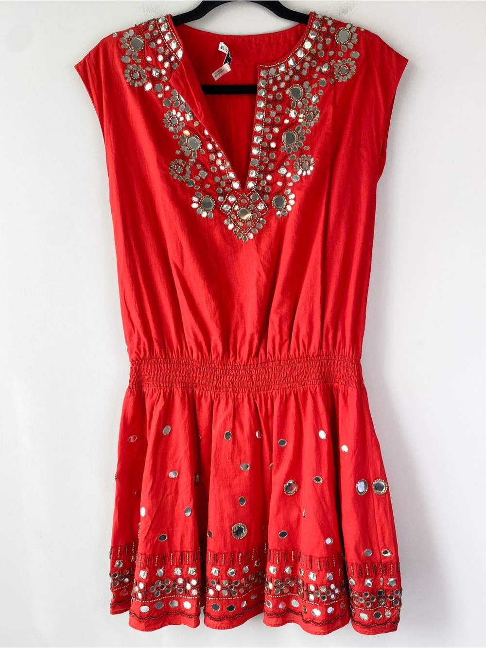 Alice + Olivia Womens Drop Waist Beaded Dress 4 Red Orange Mirror Boho Bali